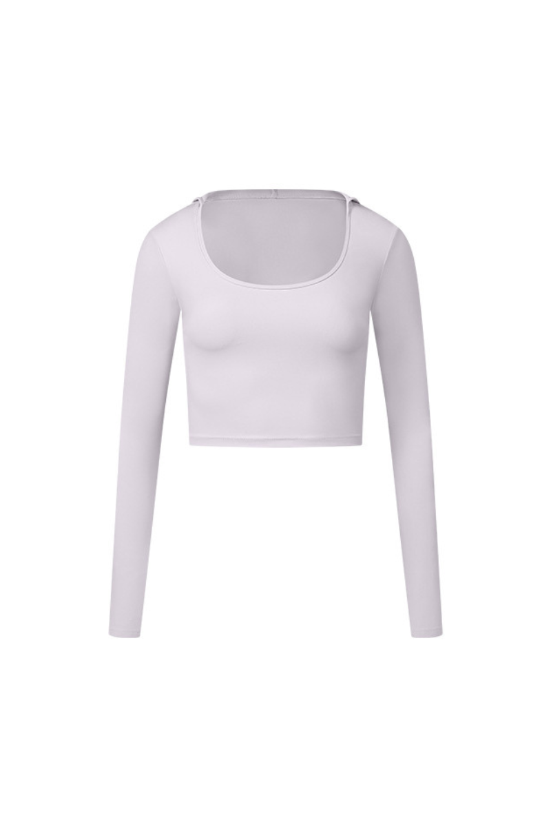 U-Neck Hooded Long-Sleeve Top with Naked Feel Fabric