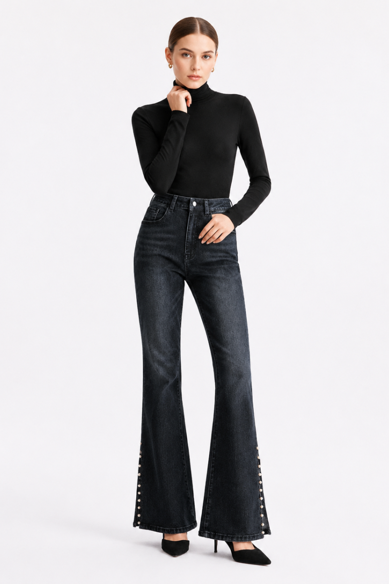 Women's High Waist Flare Jeans with Side Pearl Details