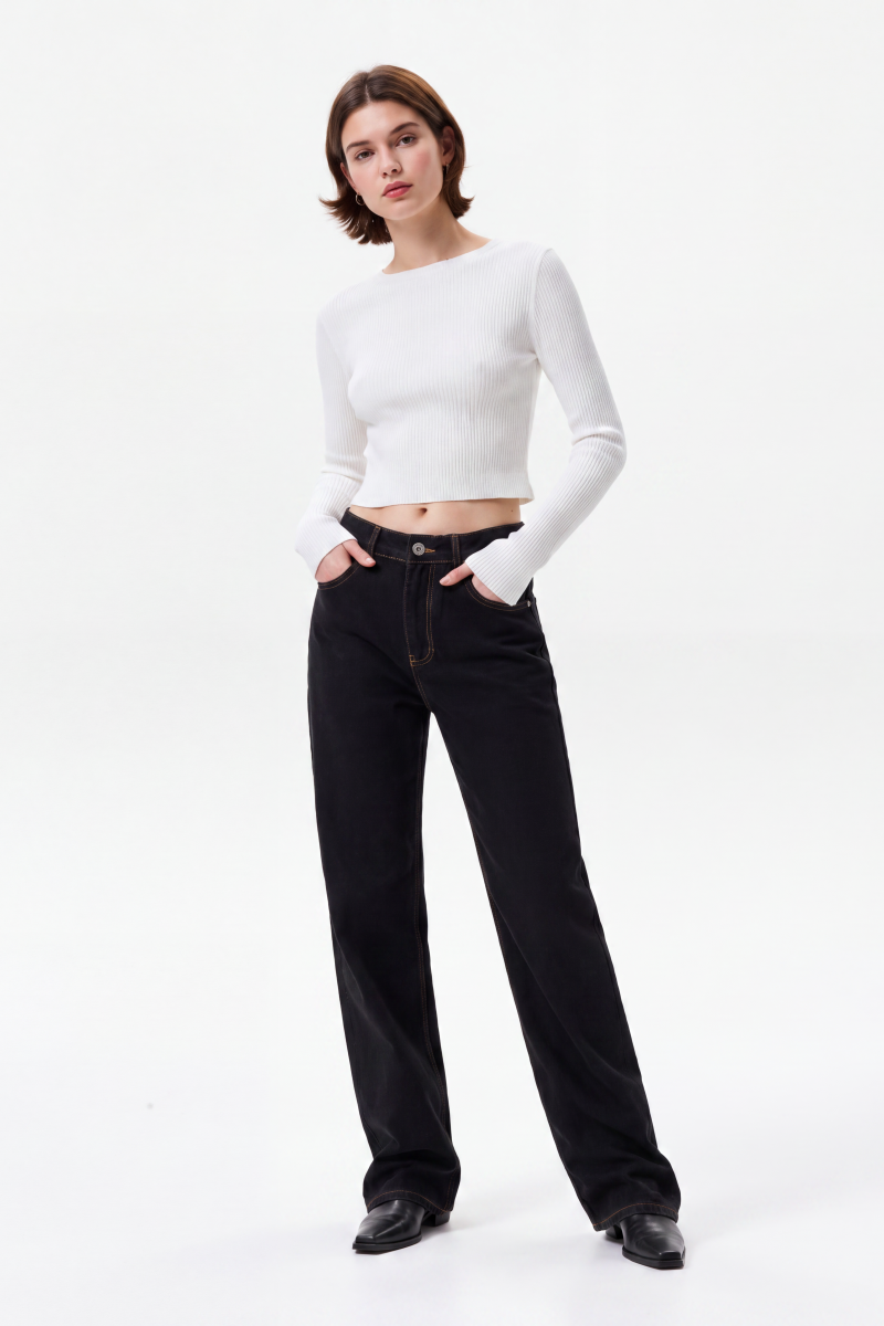 Women's High Waist Black Wash Straight Leg Jeans