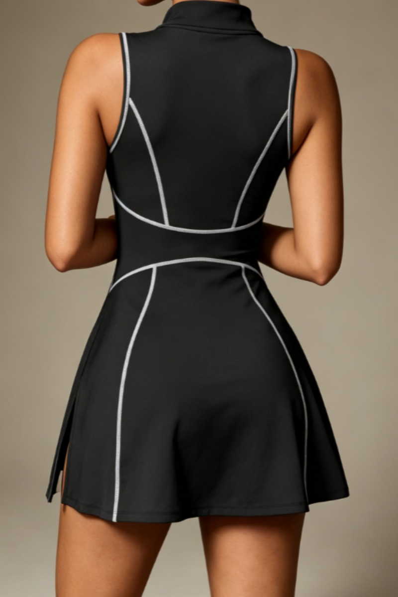 Women's Half Zip Stand Collar Stripe Contrast Tennis Dress