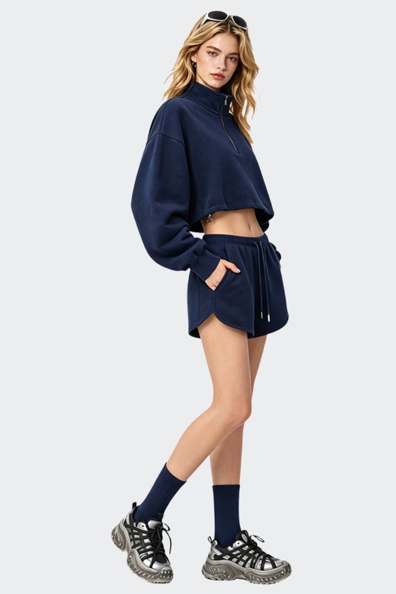 Women's Fall Half Zip Stand Collar Sweatshirts And Drawstring Shorts