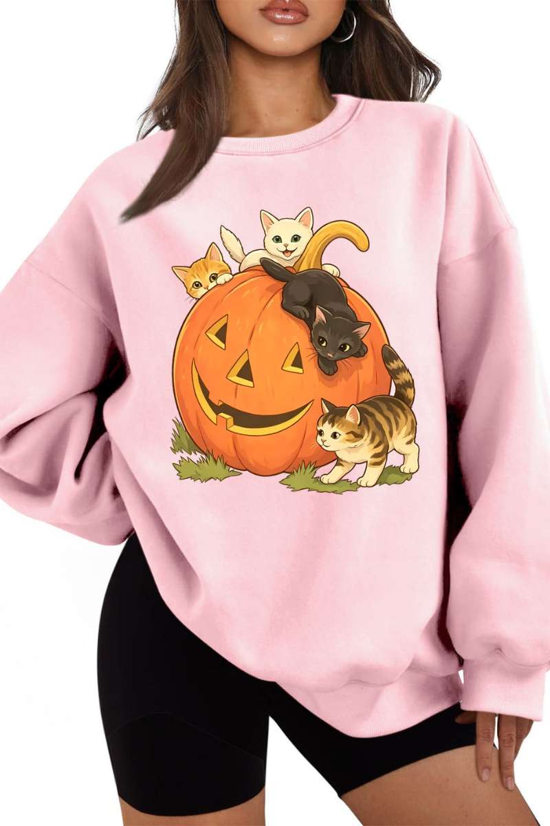 Women's Fall Halloween Cat Pumpkin Graphic Casual Sweatshirt