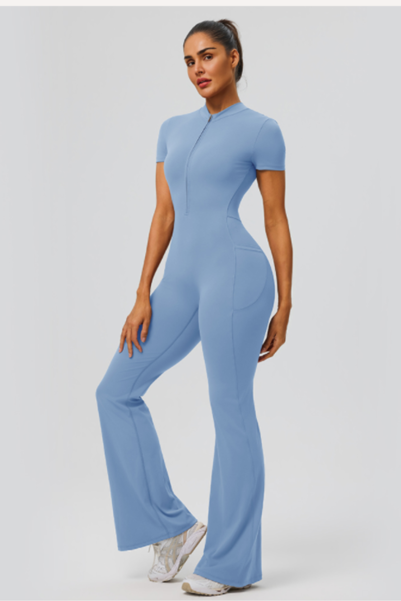 Women's Athletic Short Sleeve Half Zipper Flare Jumpsuit