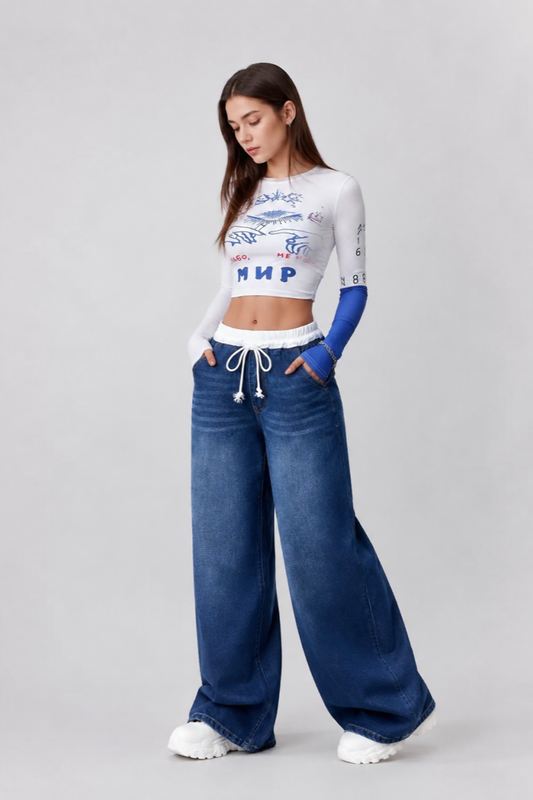 Women's Drawstring Waist Wide Leg Jeans