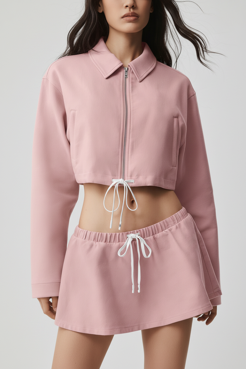 Women's Lapel Zipper Cropped Drawstring Jacket