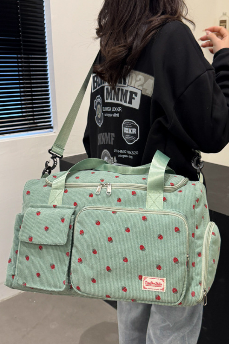 Strawberry Print Corduroy Multi-Pocket Travel Duffel Bag