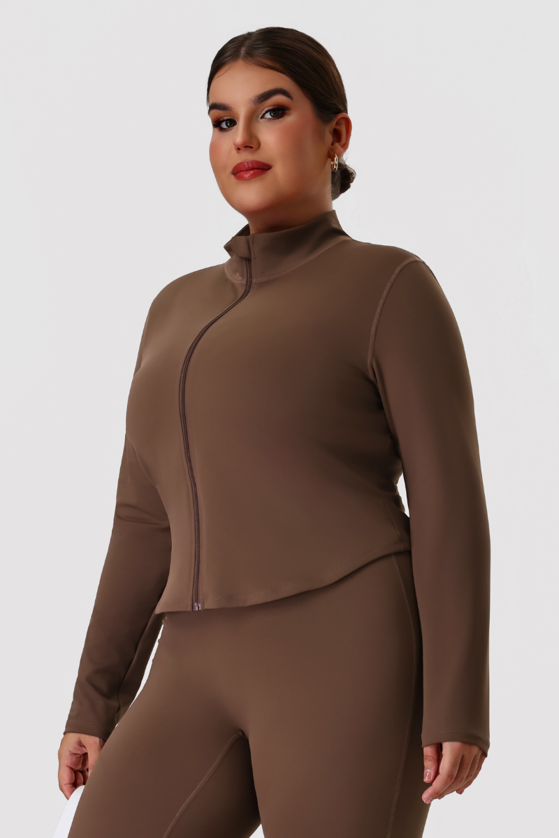 Plus Size Women's Mock Neck Curved Hem Long Sleeve Yoga Jacket