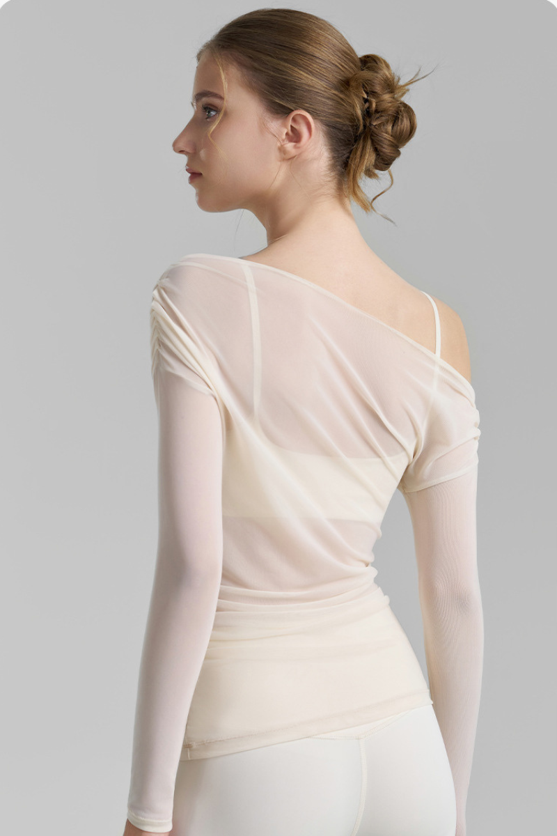 Women's Asymmetric  Shoulder Sheer Mesh Long Sleeve Yoga Top