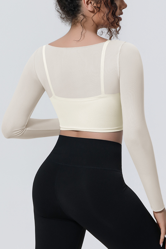Women's Mesh Stitched Mock Two-Piece Long Sleeve T-shirt