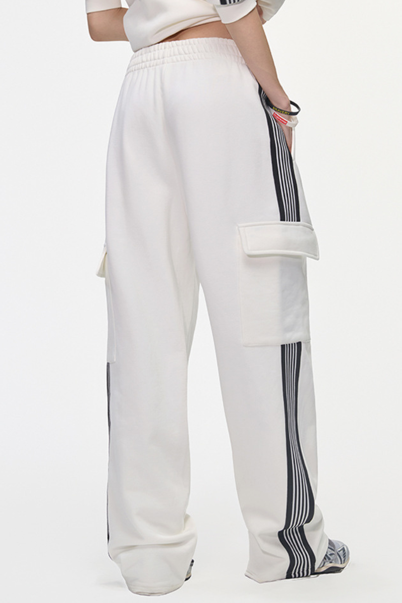 Men's 350g Color Block Stripe Pockets Straight Leg Pants