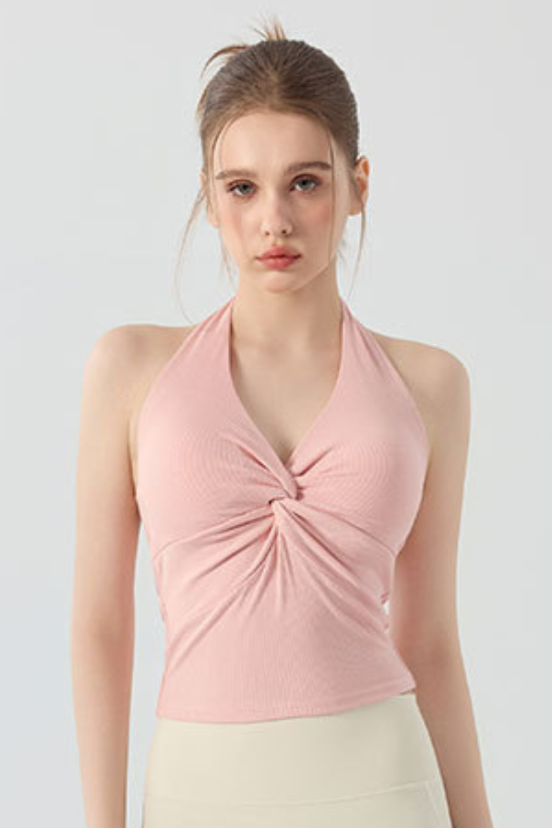 Women's Halter V-Neck Twist Front Padded Pilates Tank Top