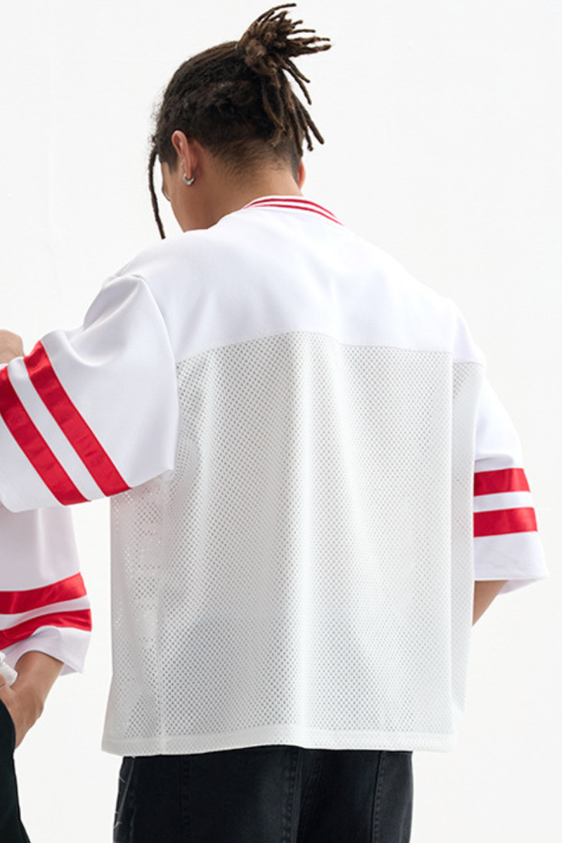 Unisex V-Neck Striped Mesh Athletic Football Jersey Tee
