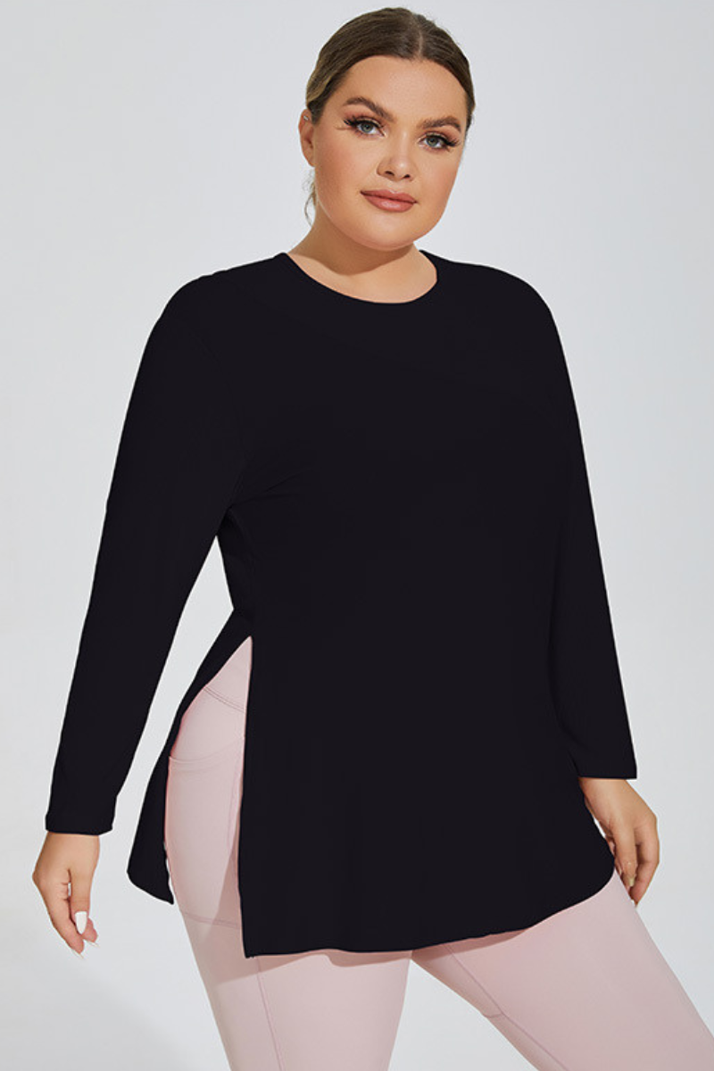 Plus Size Women's Side Slits Hooded Long Sleeve Top