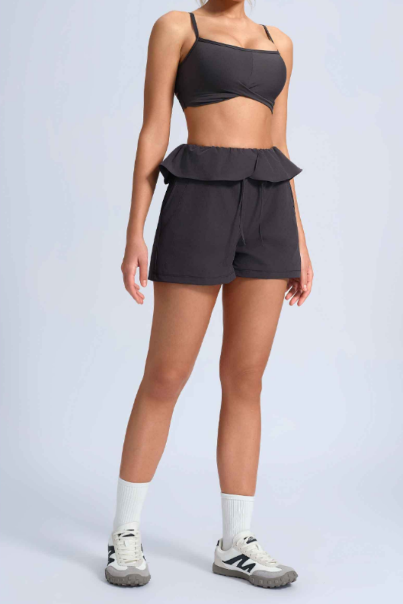 Women's Athletic Sets:Cross Back Bra And  Ruffle Shorts
