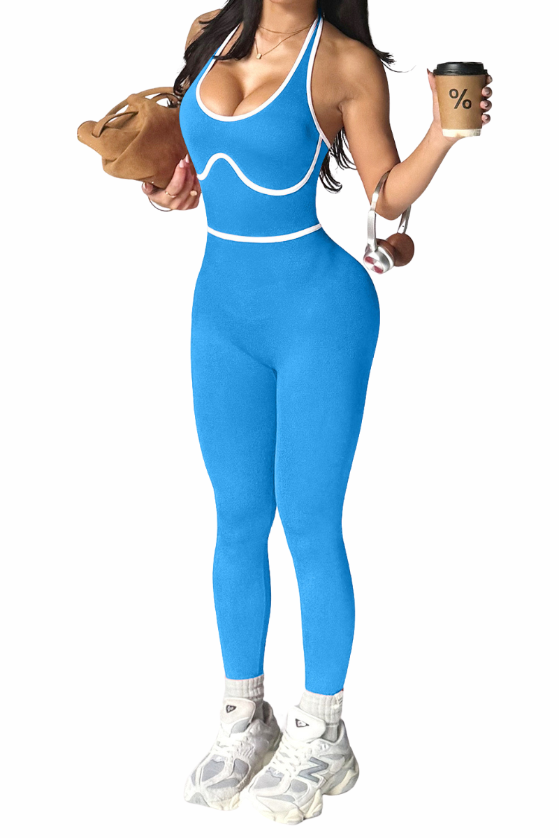 Women's Halter Cutout Back Striped Color-Block Yoga Jumpsuit