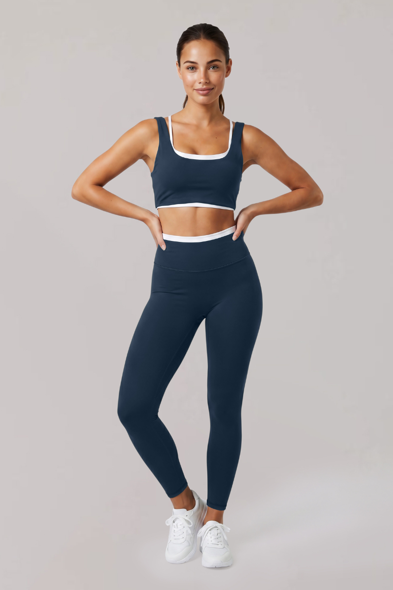 Women's Faux Two-Piece Color Block Bra And Leggings Yoga Set