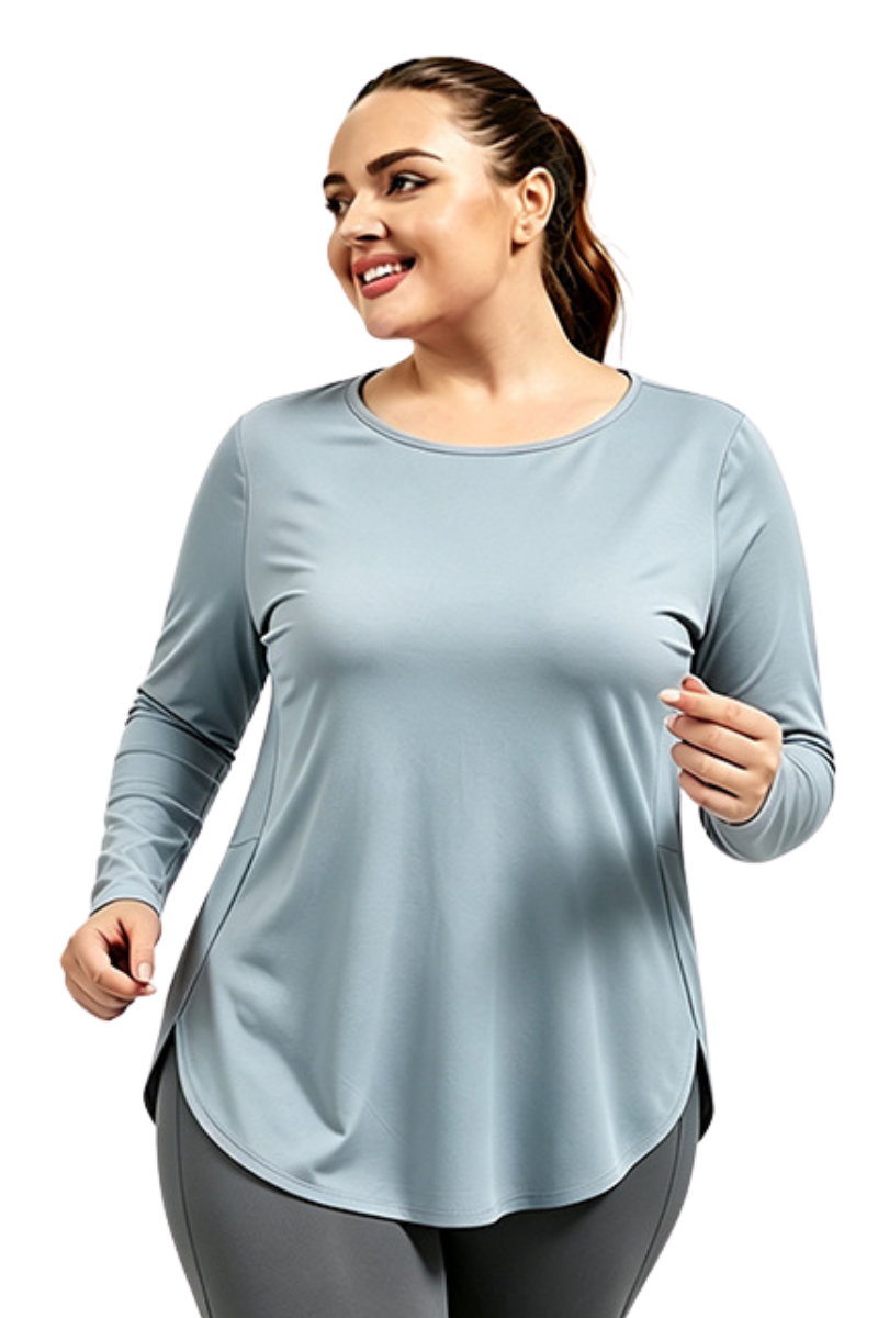 Plus Size Women's Fall Side Slit Curved Hem Long Sleeve Top
