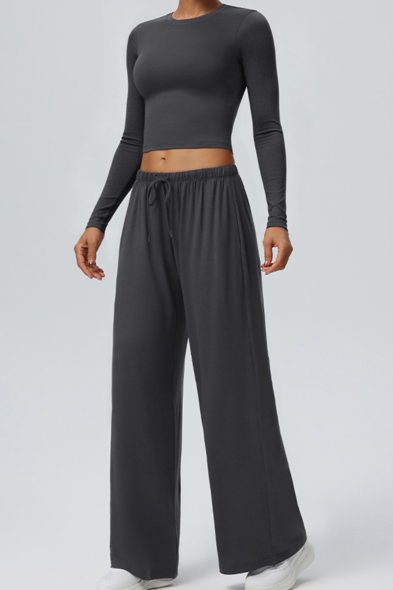 Women's Crew Neck Cropped Top and Casual Pants 2 Piece Set