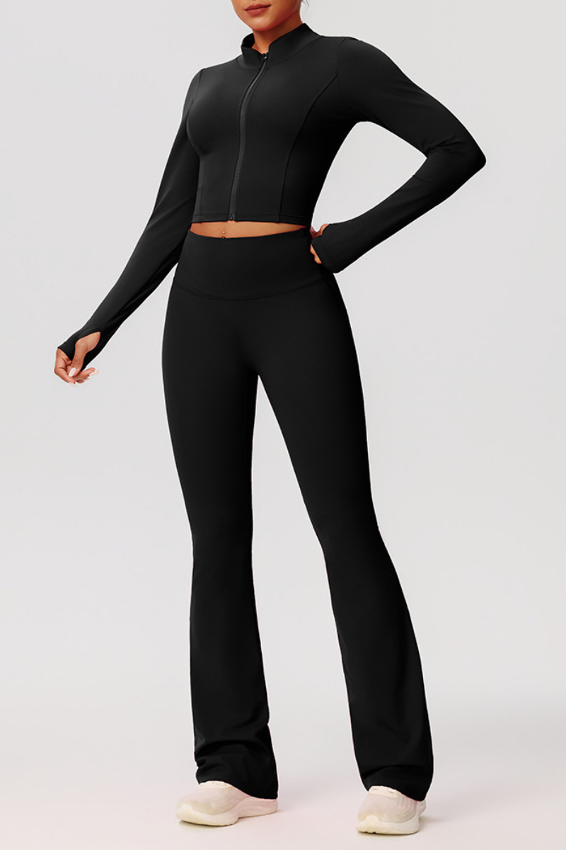 Women's Activewear Set:Stand Collar Jacket + Flare Pants