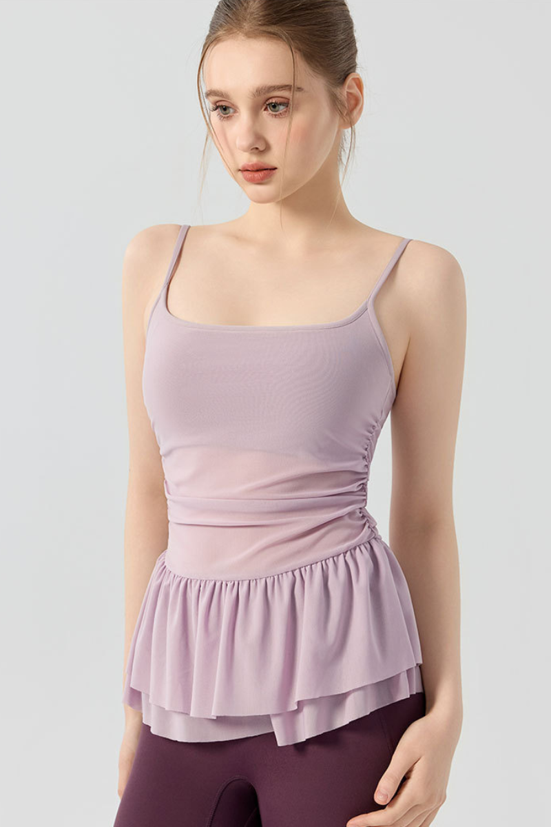 Women's Double Ruffle Hem Mesh Ruched Waist Yoga Cami