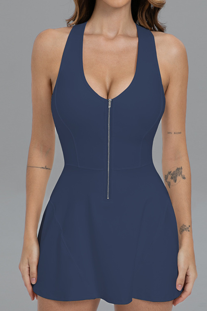 Women's Half Zip Halter Racerback Dress with Built-in Shorts