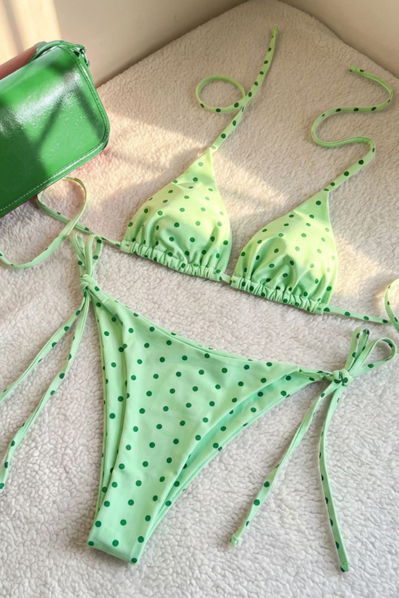 Women Summer Retro Polka Dot Triangle Halter Side Tie Bikini