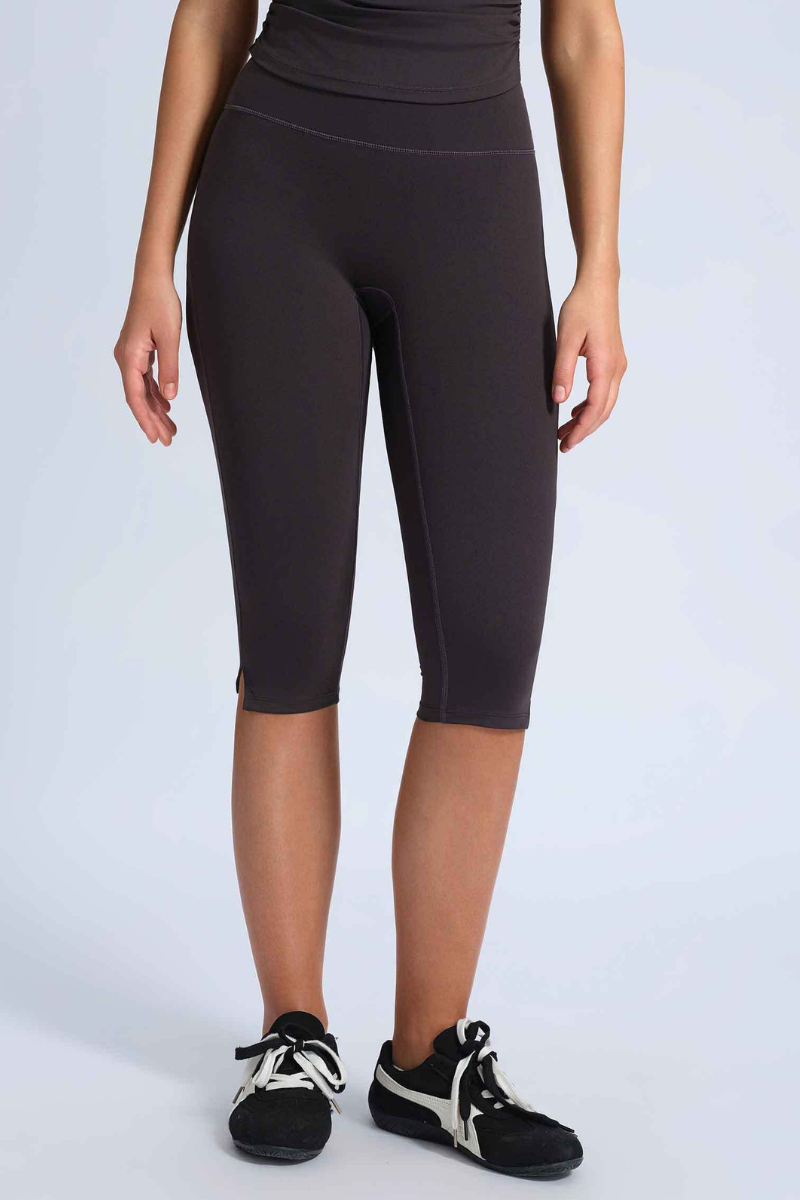 Women's High Waist Capri Leggings with Side Slit at Hem