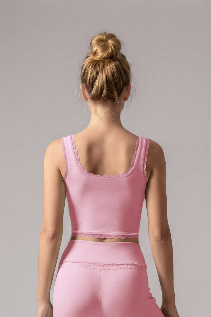 Women's Lace Trim Square Neck Cropped Sports Yoga Tank Top