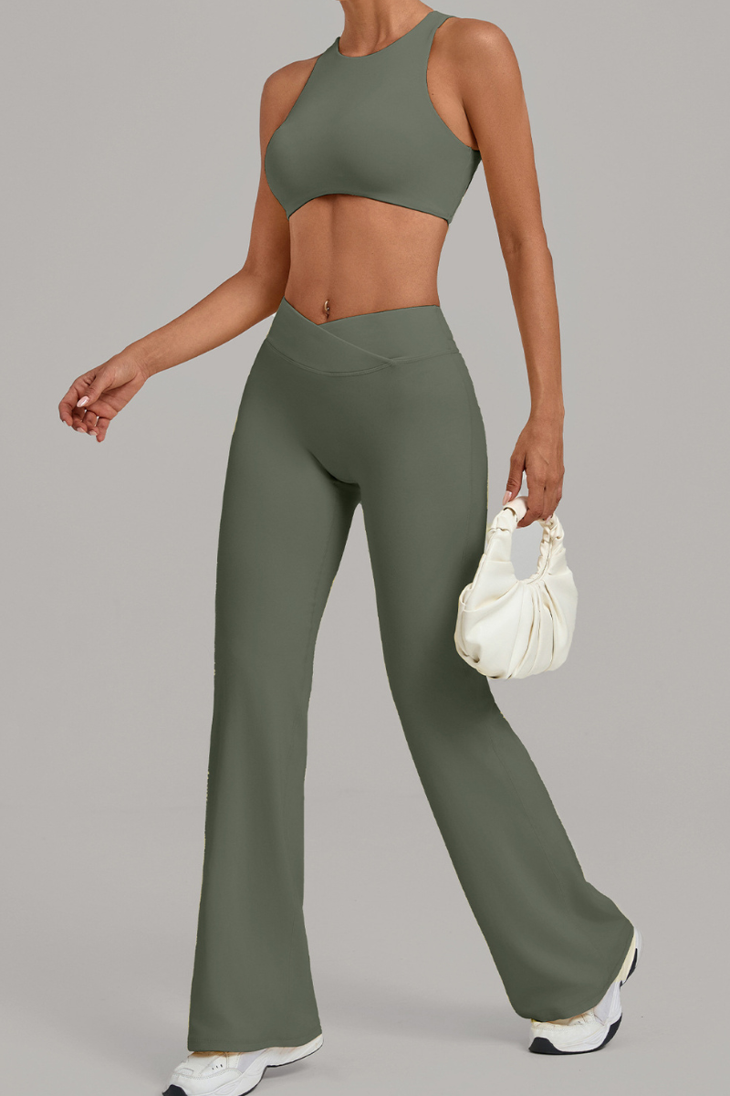 Women Cutout Back Cropped Tank Top & V waist Flare Pants Set