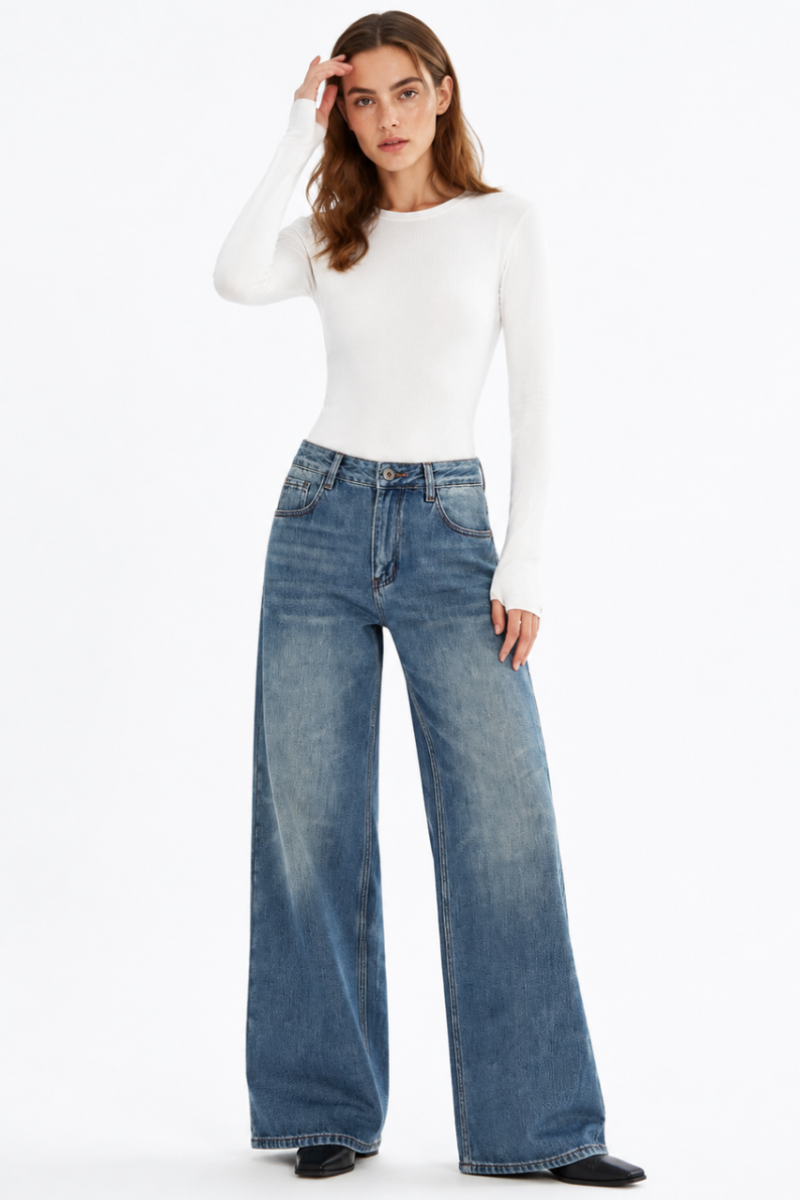 Women's 100% CottonVintage Wash Mid Waist Straight Leg Jeans