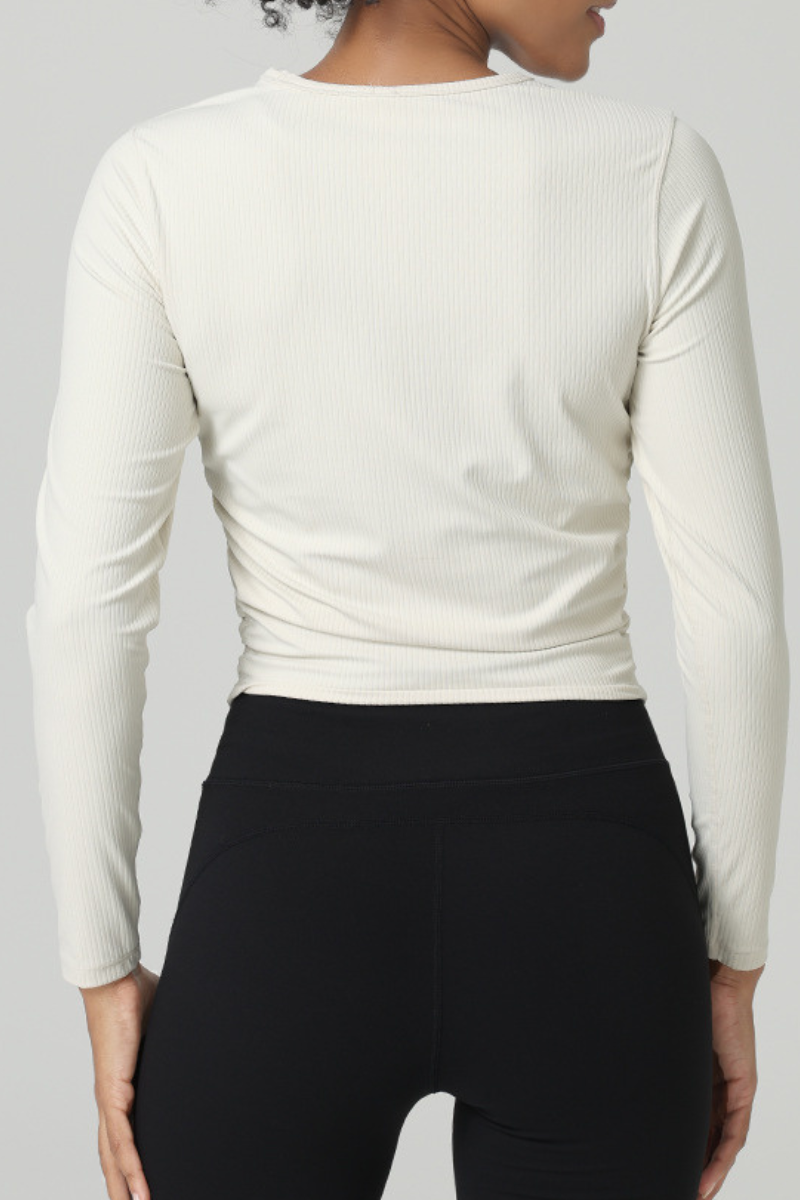Women's Fall Ribbed Side Ruched Cropped Long Sleeve Athletic Top