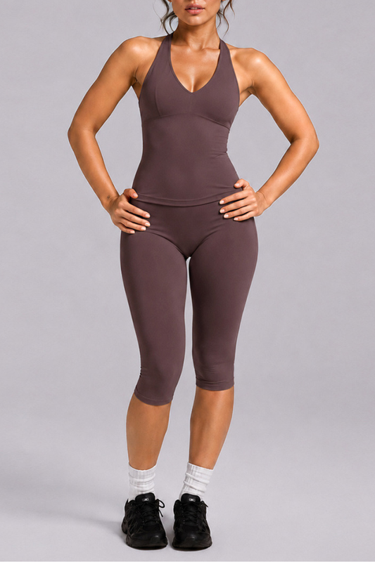 Women's Anthletic Deep V Halter Tank Top And Capri Yoga Set
