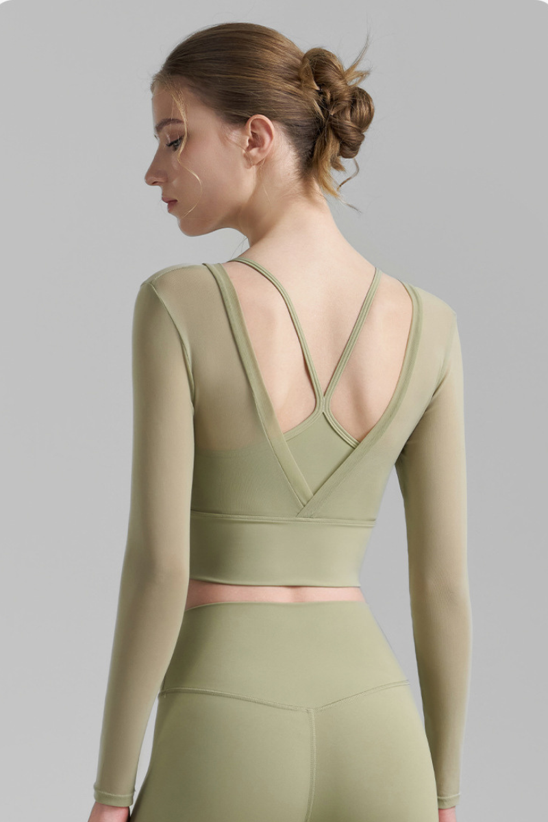 Women's Multi-Color Mesh Faux Two-Piece Cropped Yoga Top
