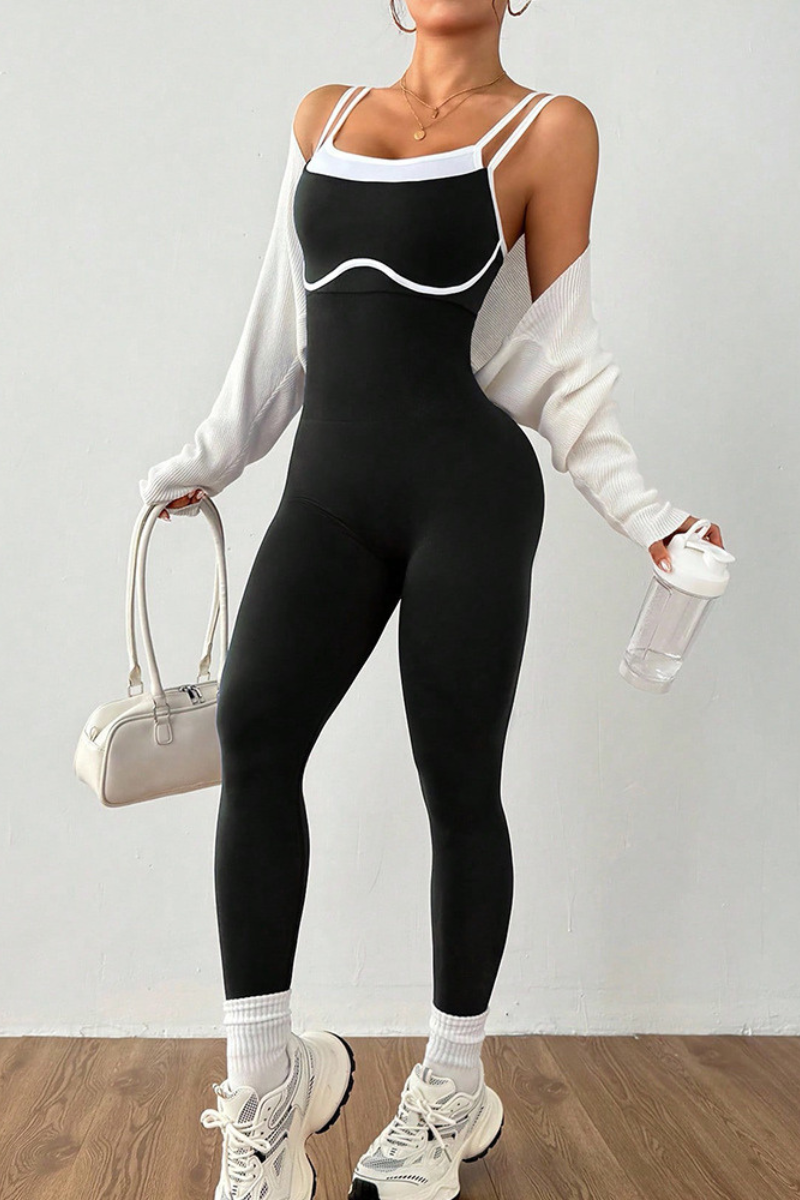Women's Color-block Double Strap Slim One-Piece Jumpsuits