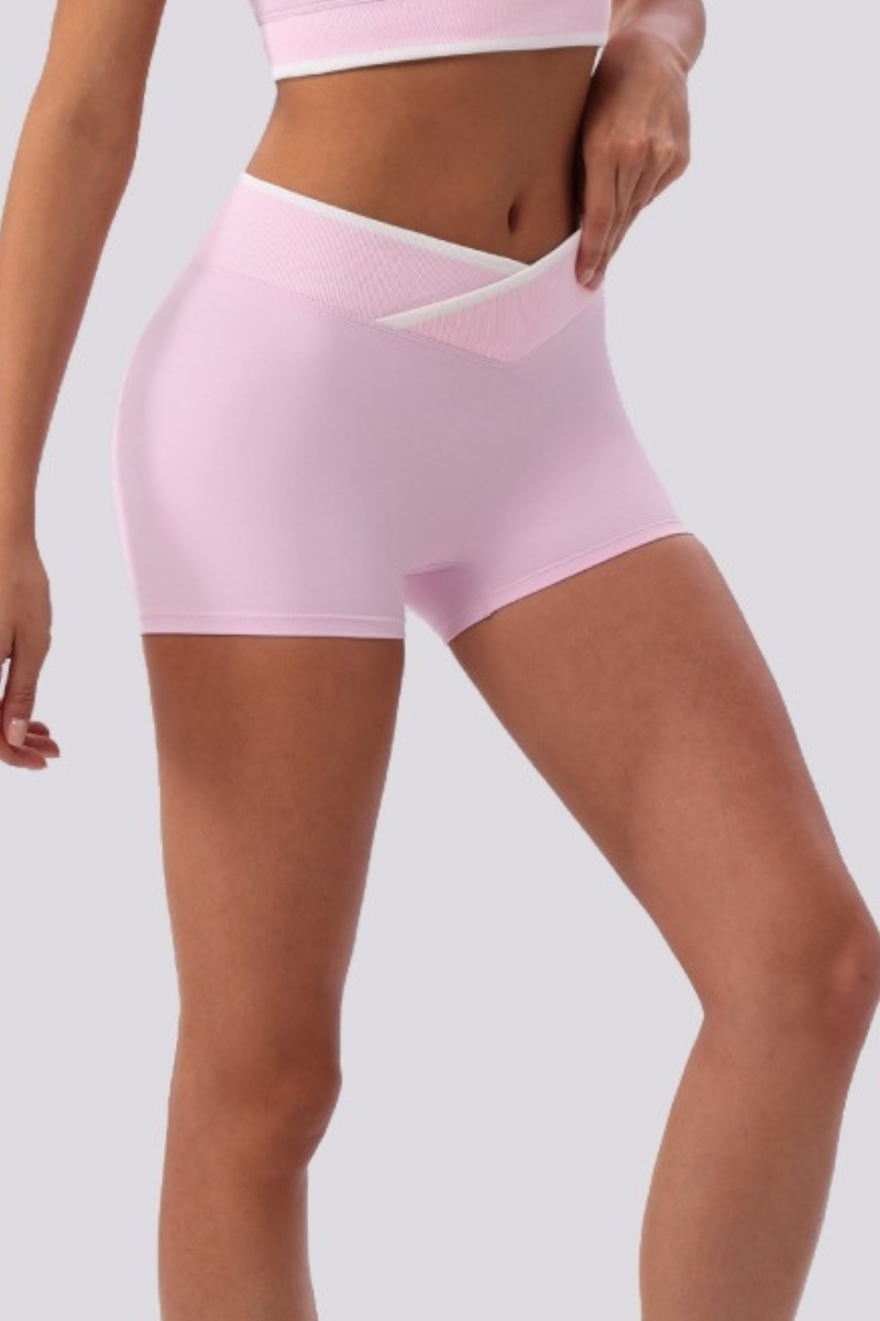 Women's Contrast Cross V Waist Bare Feel Yoga Shorts