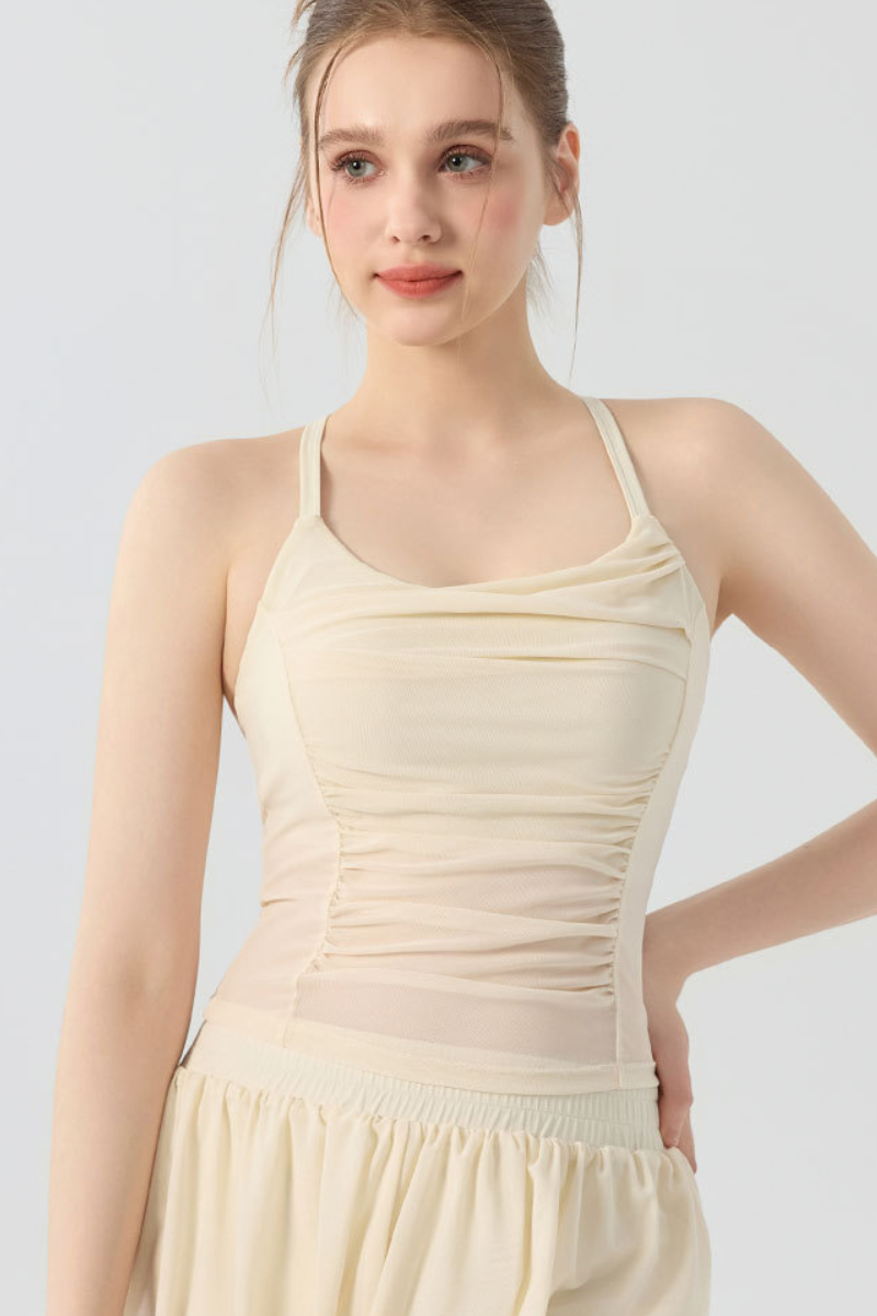 Women's Halter Mesh Ruched Waist Padded Yoga Tank Top