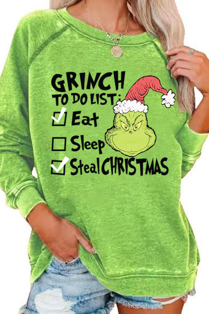 Women's Fall Cotton Christmas Grinch Cartoon Raglan Pullover