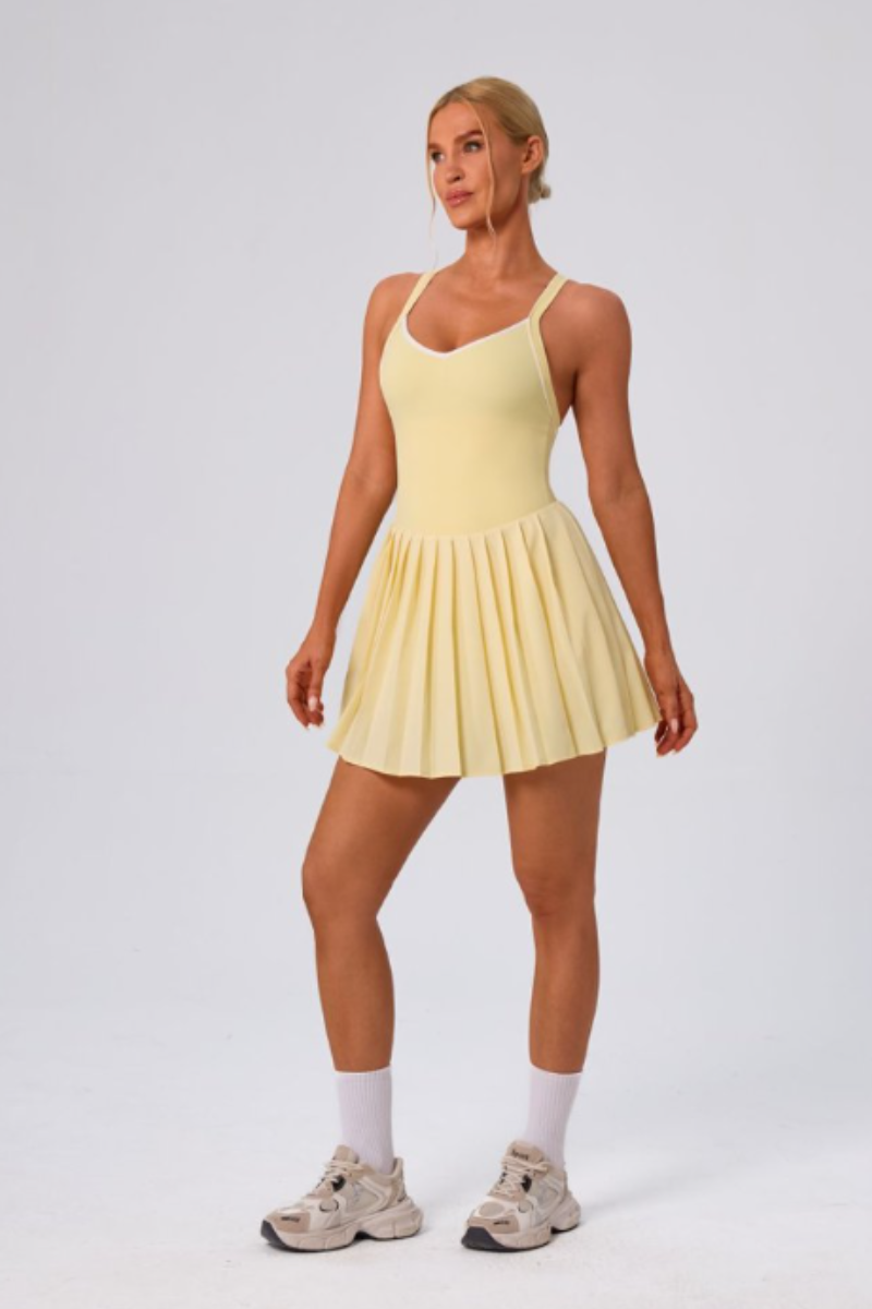 Women's Color Block V-Neck Cross-Back Pleated Tennis Dress
