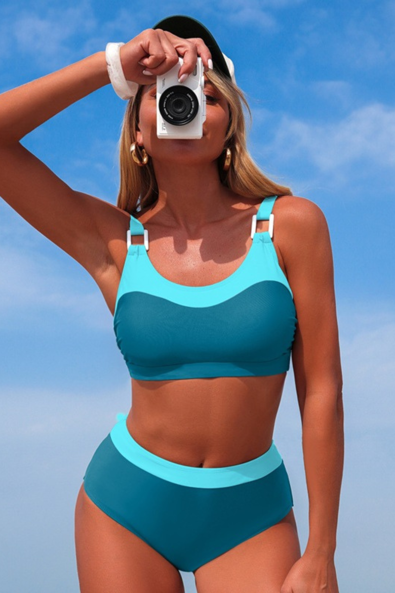 Women's Color Block High Waisted Back Tie Adjustable Strap Bikini