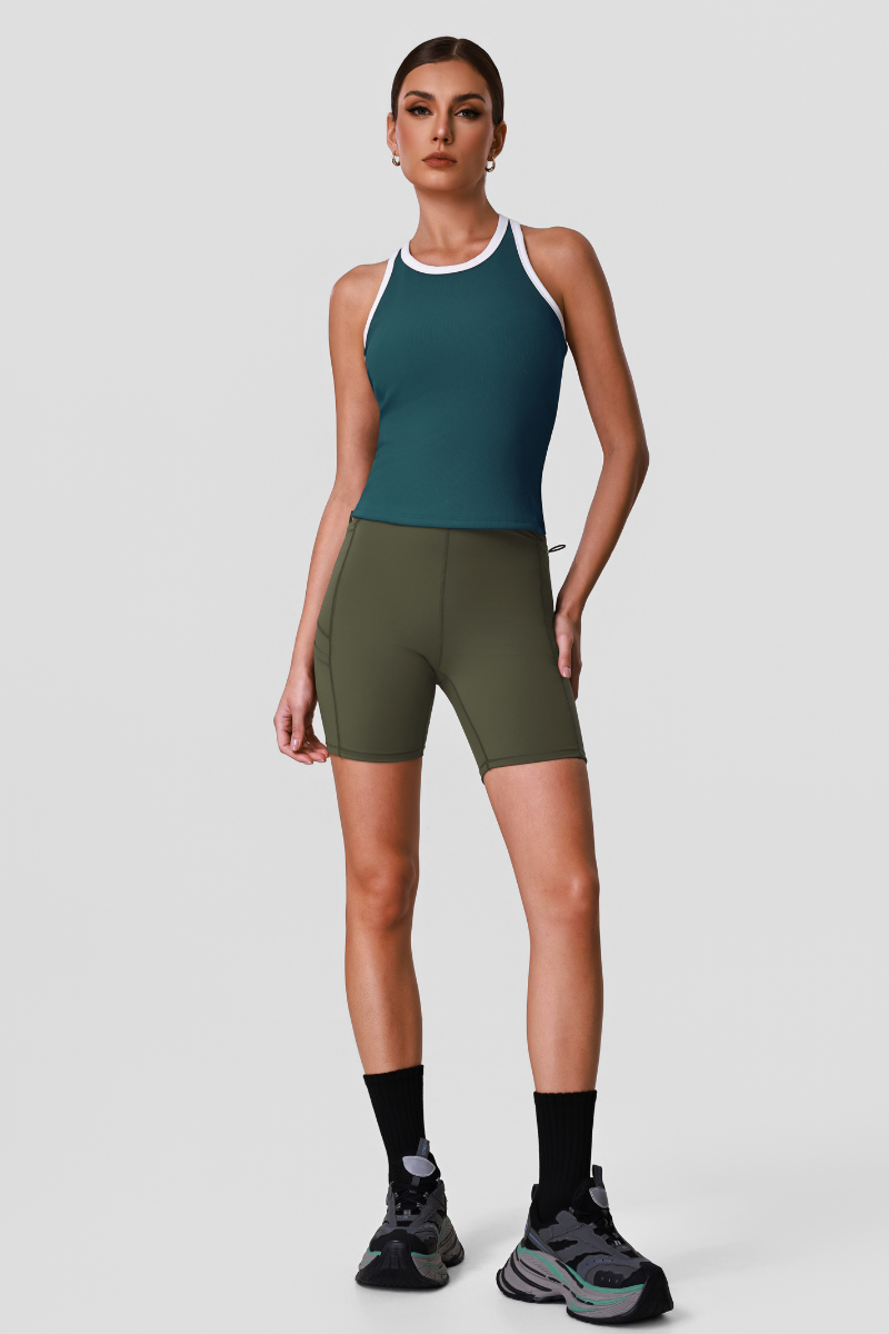 Women's Color-Block Racerback Workout Tank Top And Short Set