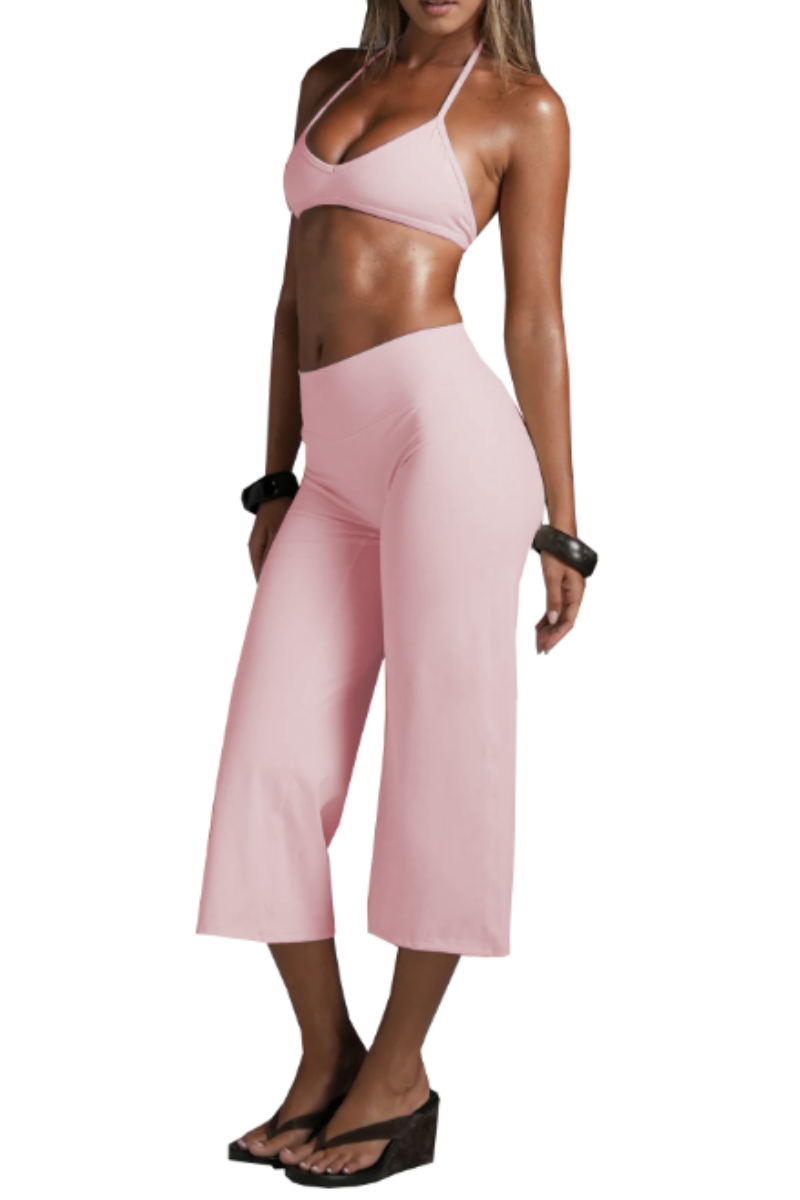 Women's Halter V-Neck Triangle Cup Sports Bra & High-Waist 7/8 Wide-Leg Yoga Pants Set