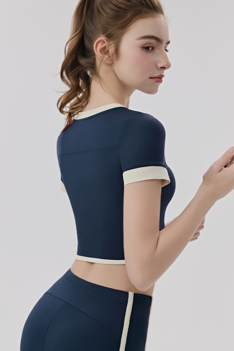 Women Slim Color Block V neck Cropped Yoga Athletic Tee