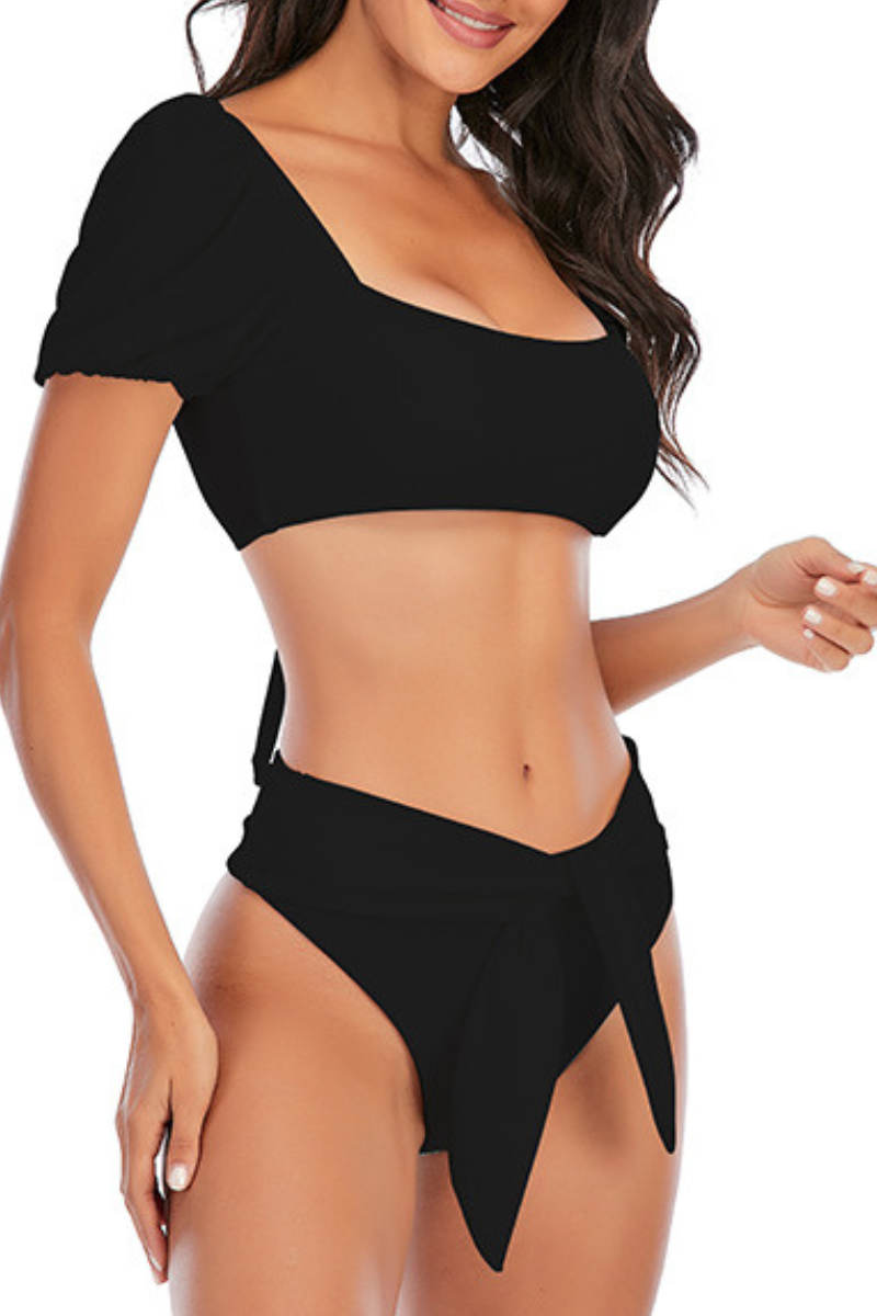 Women's Bishop Sleeve Back Cross High Waist Bikini Set