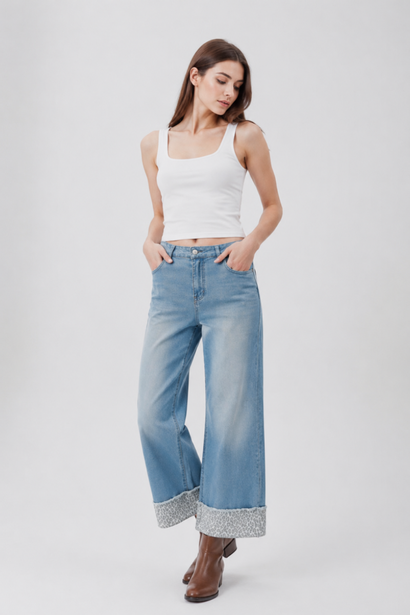 Women's Fall Leopard Print Cuff Relaxed Wide Leg Jeans