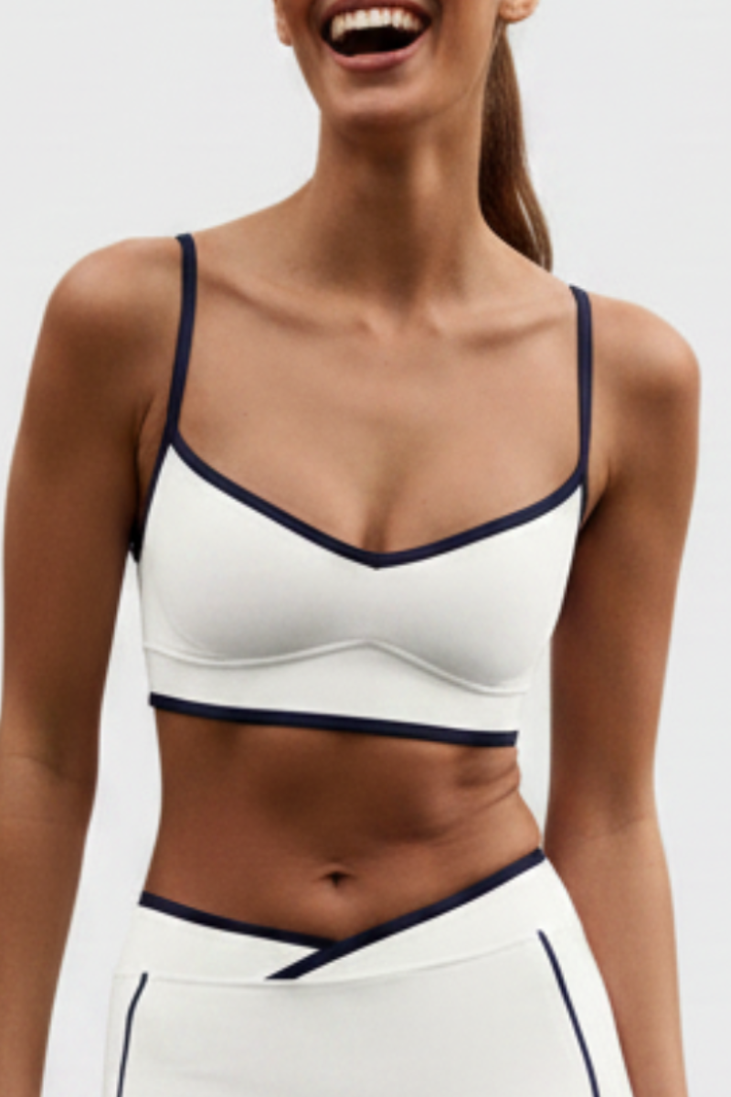Women's Nude Color-Blocking Thin Strap V-neck Sports Bra