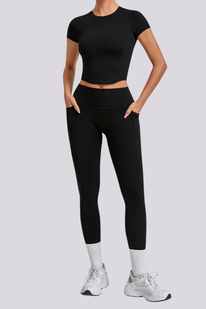 Women's Crew Neck T-shirt Pocket Leggings Yoga 2 Piece Set