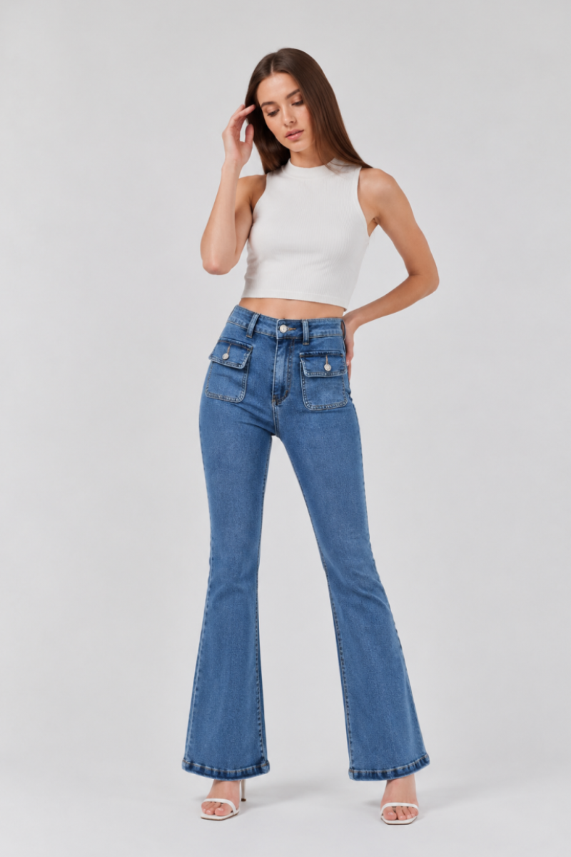 Women's High Waist Flare Jeans with Button Front Pockets