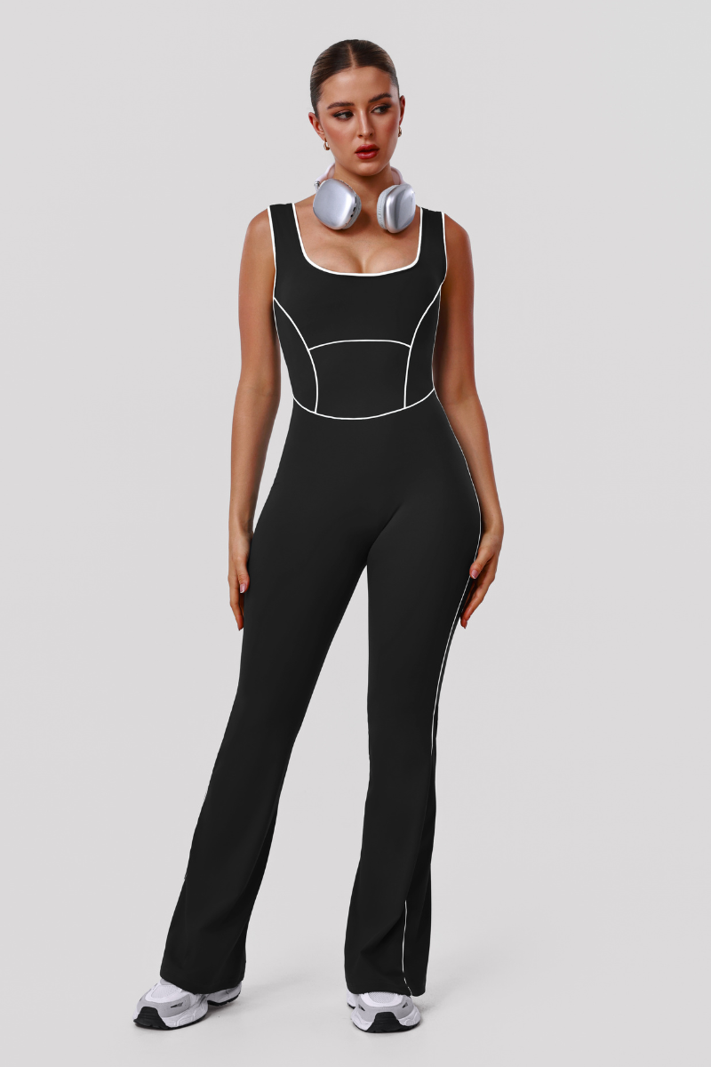 Women's Athletic Color Block U-Neck Flared Pants Jumpsuit