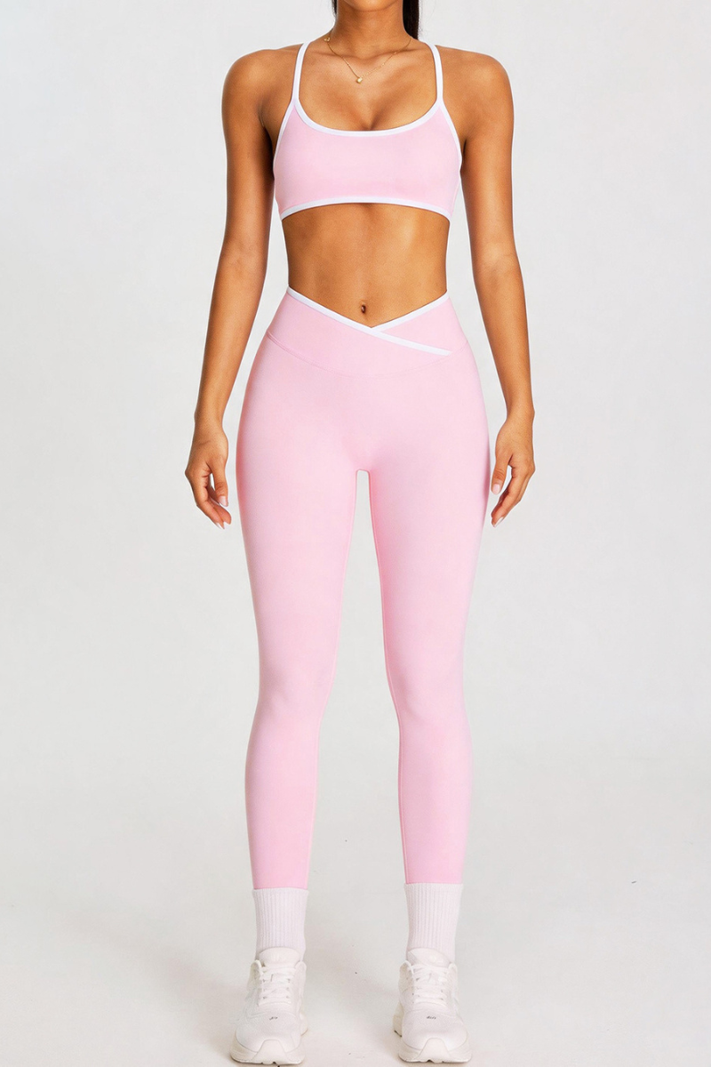 Women's Color-Block Bra And Cross Waist Leggings Sport Set
