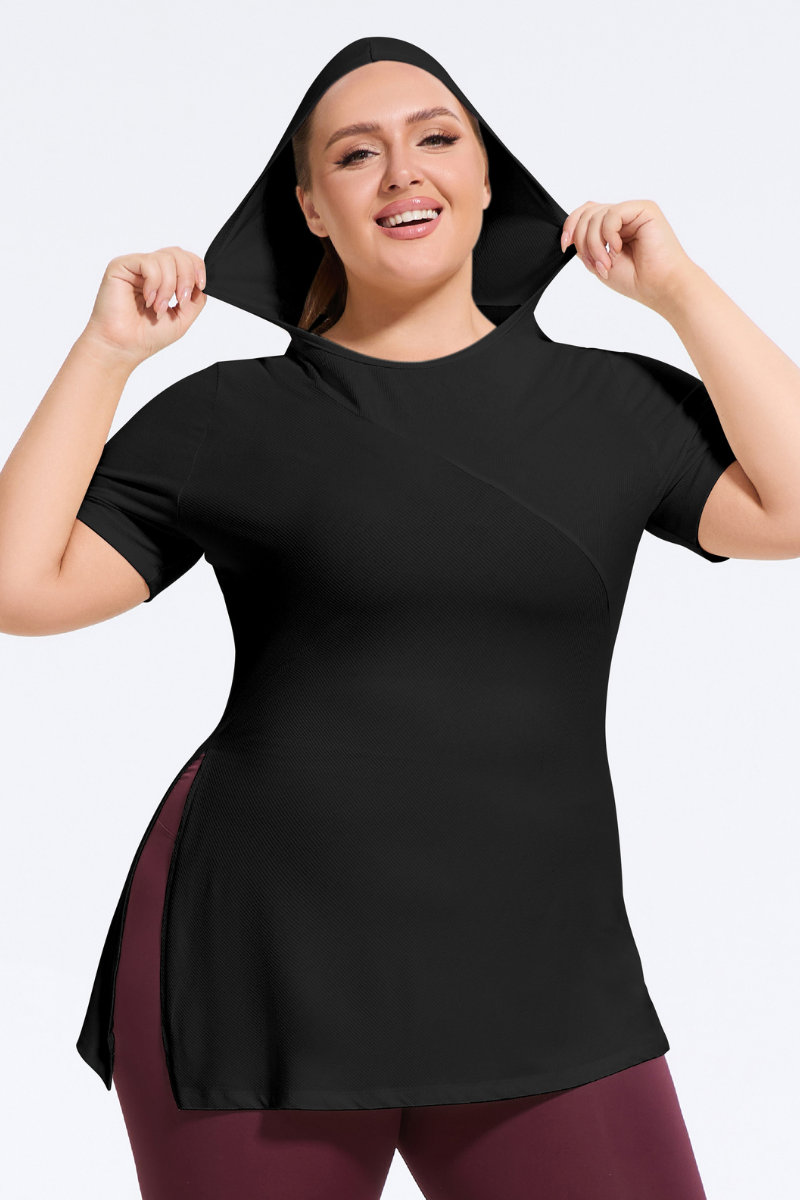 Plus Size Women's Ribbed Slit Yoga  Hooded T-Shirt